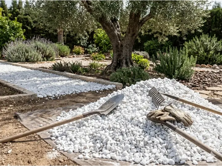 Venta de tierra y mantillo para jardines y mantenimiento de jardinería en Madrid - Ricotrebol - Marmolina blanca de Macael para decoración de jardines, caminos y drenaje